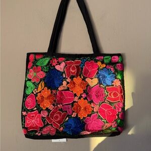 Floral Embroidered Tote Bag with Black Handles